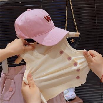 韓版女童套裝2023夏裝新款不規則斜扣彈力背心洋氣工裝長褲兩件套