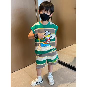 奧特曼男童衣服兒童背心套裝2024新款寶寶夏季運動條紋無袖酷帥氣