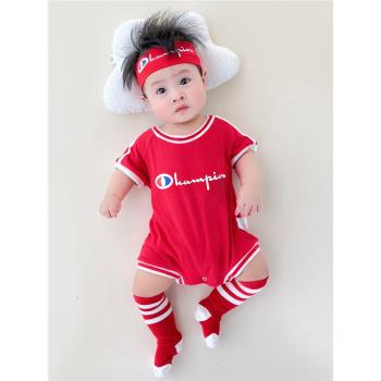嬰兒包屁衣夏季球衣滿月拍照哈衣女周歲禮服男寶寶百天紅色連體衣