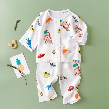 夏裝寶寶棉綢開衫套裝嬰兒家居服人造棉睡衣兒童綿綢嬰幼兒空調服