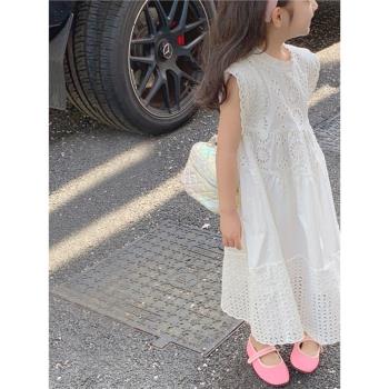 女童夏裝連衣裙2023新款兒童蕾絲白色夏季裙子小女孩洋氣公主裙