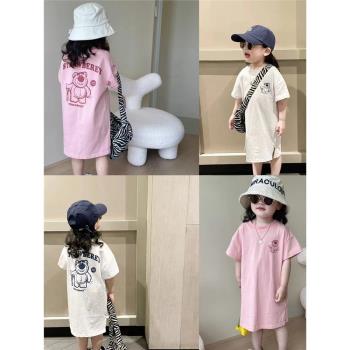 韓國女童短袖T恤純棉連衣裙夏裝女寶寶1-3歲中小童圓領中長T裙子