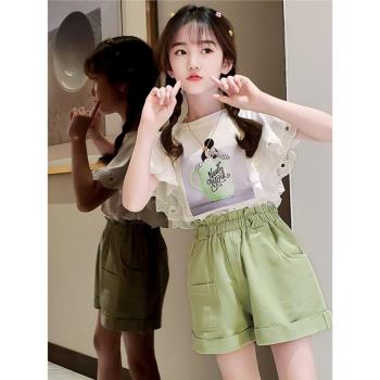 女童時髦洋氣短袖套裝夏季韓版兒童中大童網紅時尚T恤短褲兩件套