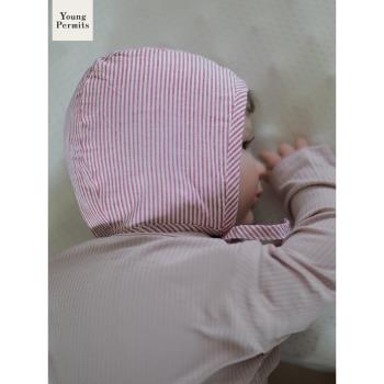 0-1歲嬰兒帽子春夏季外出防風條紋薄款歐美新生兒寶寶全棉囟門帽