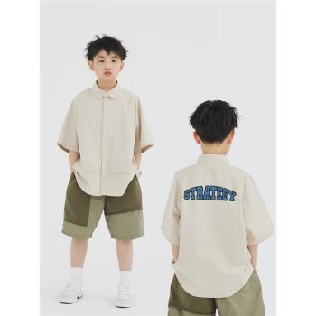 MT原創童裝日系男童短袖襯衫胸前大口袋字母印花夏季兒童寬松襯衣