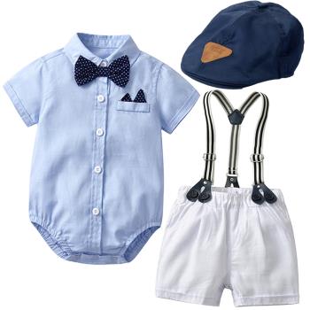 嬰兒西裝套裝男夏英倫風寶寶周歲禮服帥氣短袖三角哈衣兩件套+帽