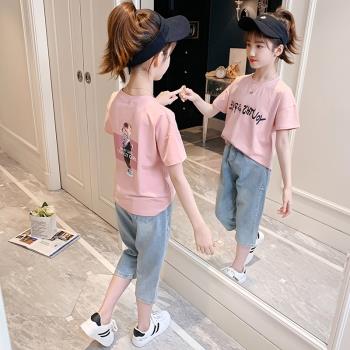 女童短袖T恤套裝2023新款時尚大童夏季女孩洋氣時髦兒童運動兩件