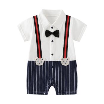 男寶寶周歲宴禮服夏季紳士薄款短袖嬰兒百天滿月洋氣背帶風連體衣