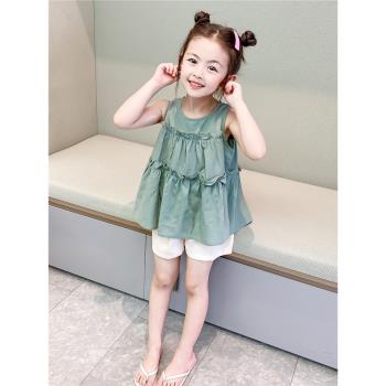夏裝3-8歲夏季女童棉布綠色娃娃襯衫洋氣寶寶無袖上衣女孩衣服潮