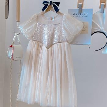 氣質童裝夏季新品韓版女童洋氣純色泡泡袖亮片超仙公主禮服連衣裙