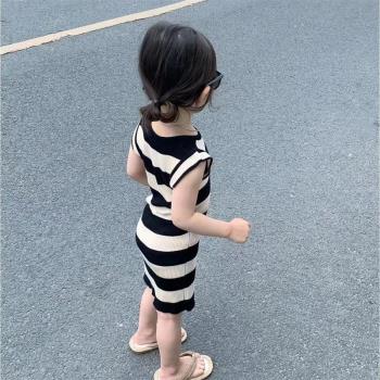 女童針織冰絲連衣裙夏季新款韓版兒童時髦中長款裙寶寶修身背心裙
