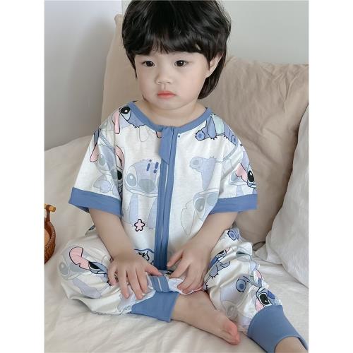 兒童純棉睡袋夏季薄款分腿防踢被短袖連體無痕男女寶寶空調家居服