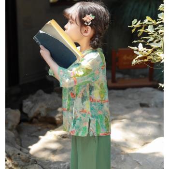 兒童漢服套裝新中式兩件套輕薄女童棉麻唐裝寶寶7分袖中國風童裝
