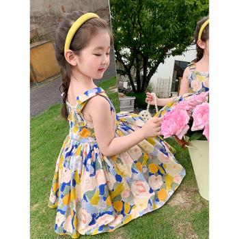 女童夏季森系油畫吊帶裙2023新款寶寶裙子洋氣夏裝兒童夏款連衣裙