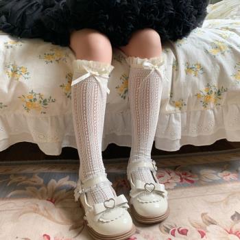 夏季薄款女童襪子洛麗塔花邊公主中筒襪白色蝴蝶結網眼女孩春長筒