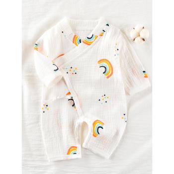 寶寶夏裝紗布純棉連體衣新生兒長袖哈衣系帶和尚服夏季嬰兒衣服薄