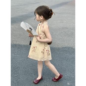 原創童裝夏季小女孩中國風旗袍裙2023女童寶寶中式復古掛脖連衣裙