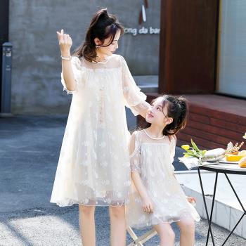 韓版時尚大碼網紗刺繡公主親子裝
