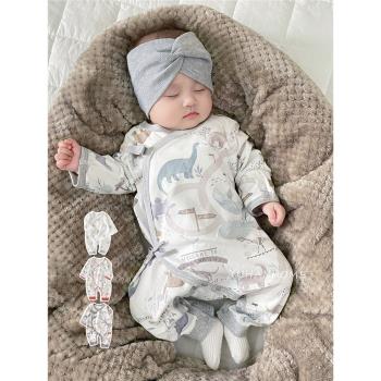 新生嬰兒兒衣服和尚服長袖薄款純棉無骨護肚綁帶空調服嬰兒連體衣