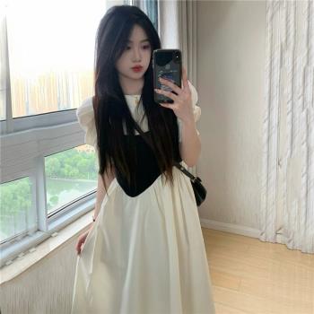 女童夏裝法式泡泡袖連衣裙2023新款中大童高級感白色假兩件裙子潮