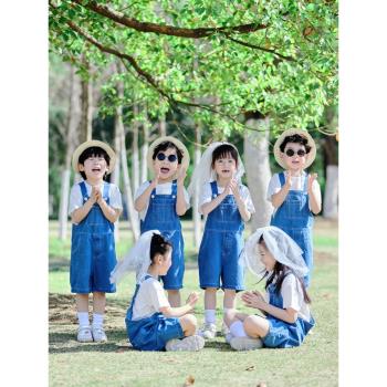六一男童女童牛仔背帶短褲套裝夏季幼兒園畢業班服兒童合唱演出服