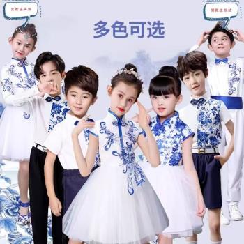 新款六一兒童青花瓷表演服男女童幼兒園舞蹈朗誦合唱服紗裙中國風