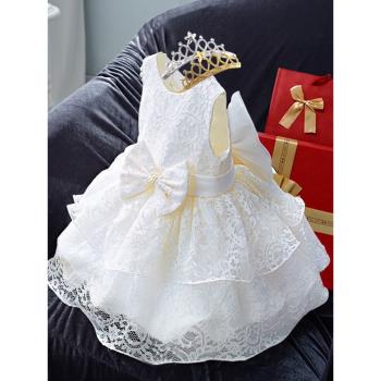 周歲女寶寶禮服紅色女童連衣裙白色花童婚禮小女孩嬰兒生日公主裙