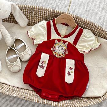 中國風嬰兒衣服夏裝新生寶寶滿月百天周歲禮服包屁衣唐裝哈衣套裝