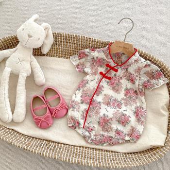 嬰兒旗袍包屁衣女寶寶夏裝滿月周歲禮服中國風改良新款連體衣套裝