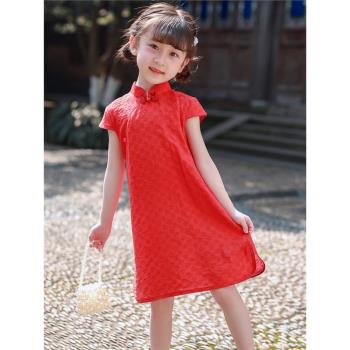 兒童旗袍夏季新款中式紅色中國風連衣裙小女孩改良版純色旗袍裙夏