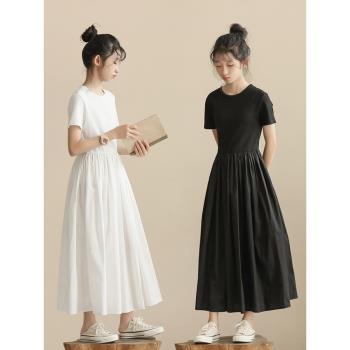 女童氣質長款連衣裙夏季韓版中大童親子裝赫本風拼接短袖少女裙子