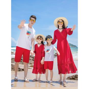 海邊度假親子裝一家三口母女裝沙漠紅色連衣裙沙灘裙洋氣帶袖長裙