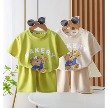 2023夏季兒童短袖套裝嬰兒華夫格男女童寶寶休閑韓版透氣t恤+短褲