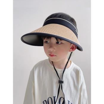 兒童防曬帽男童帽子夏款太陽帽空頂小男孩遮陽帽戶外沙灘草帽2023