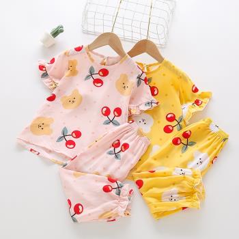 夏季兒童綿綢套裝寶寶人造棉短袖長褲睡衣韓版女孩公主家居空調服