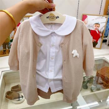 韓國小飛馬童裝 23夏男女童娃娃領襯衫 薄款短褲針織開衫三件套