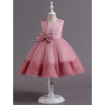 黃色新端禮服女童連衣裙兒童裙子公主蓬蓬裙紅色舞臺主持人演出服