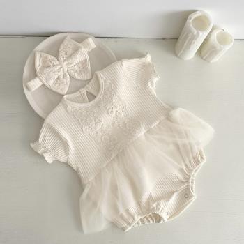 INS款夏季女寶寶公主蕾絲連體衣百天周歲禮服嬰兒網紗三角包屁衣