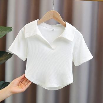 女童白色polo領短袖純色t恤夏季2023新款中大兒童小眾短款上衣T潮