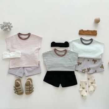 韓版夏季嬰兒純棉短袖男女寶寶百搭條紋打底上衣休閑兒童半袖T恤