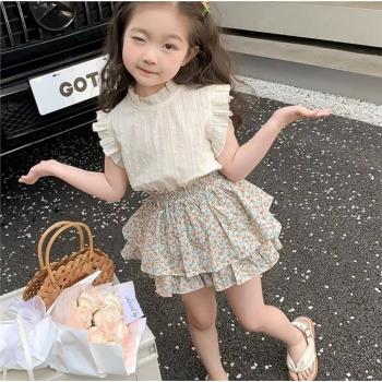 韓版女童套裝夏季洋氣甜美碎花花苞褲時髦網紅小飛袖上衣兩件套潮