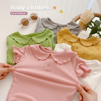 嬰兒衣服夏裝女寶寶短袖T恤甜美公主娃娃領上衣薄款莫代爾打底衫