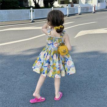 原創童裝2023夏季女童油畫風連衣裙寶寶洋氣田園風吊帶裙小女孩裙