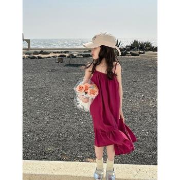 女童火龍果色連衣裙2023夏季新款童裝小女孩系帶露肩度假海邊長裙