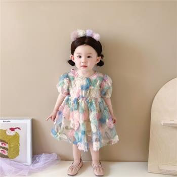 2023夏季韓版嬰幼兒女童立體花朵短袖連衣裙女寶寶洋氣公主裙子