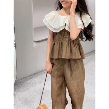 韓國女童裝夏裝套裝2023新款兒童娃娃衫大翻領闊腿褲中大童女洋氣