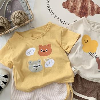 嬰兒衣服夏季短袖T恤薄款卡通小熊上衣男女寶寶休閑打底衫兒童裝