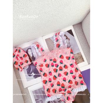 女童游泳衣連體2024新款時尚洋氣兒童甜美公主泳裝網紅草莓泳衣