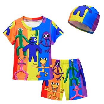 夏季新款Roblox彩虹之友彩虹朋友男童泳衣三件套兒童泳衣泳褲泳帽
