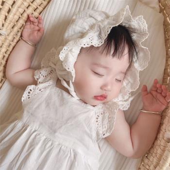 嬰兒公主帽蕾絲花邊韓國網紅新生兒女寶寶滿月百天可愛純棉帽子白